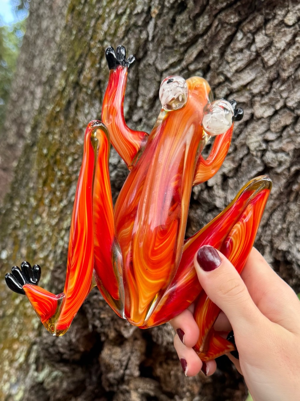 Vintage Signed Hand-Blown Glass Tree Frog Figurine in Swirled Red & Orange